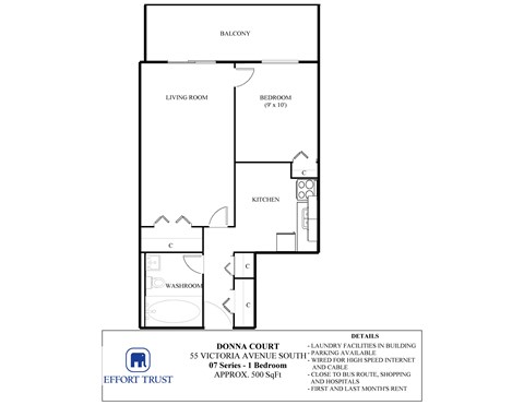A floor plan for a Donna Court apartment shows a living room, a bedroom, a kitchen, a washroom and a balcony.